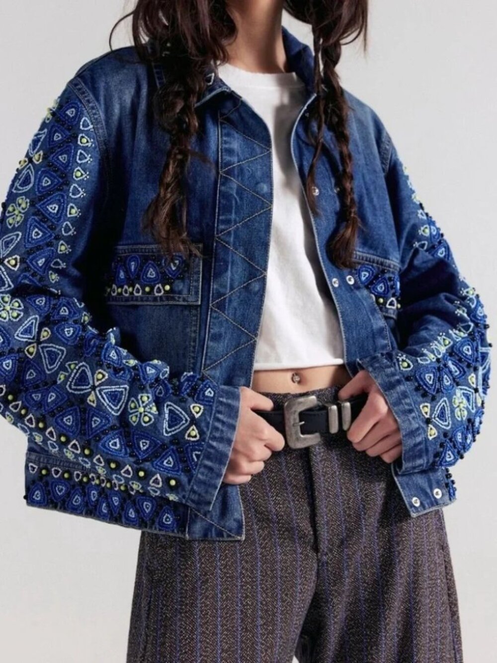 NWT Free People Suzy Beaded Denim Jacket, LARGE - Picture 1 of 7